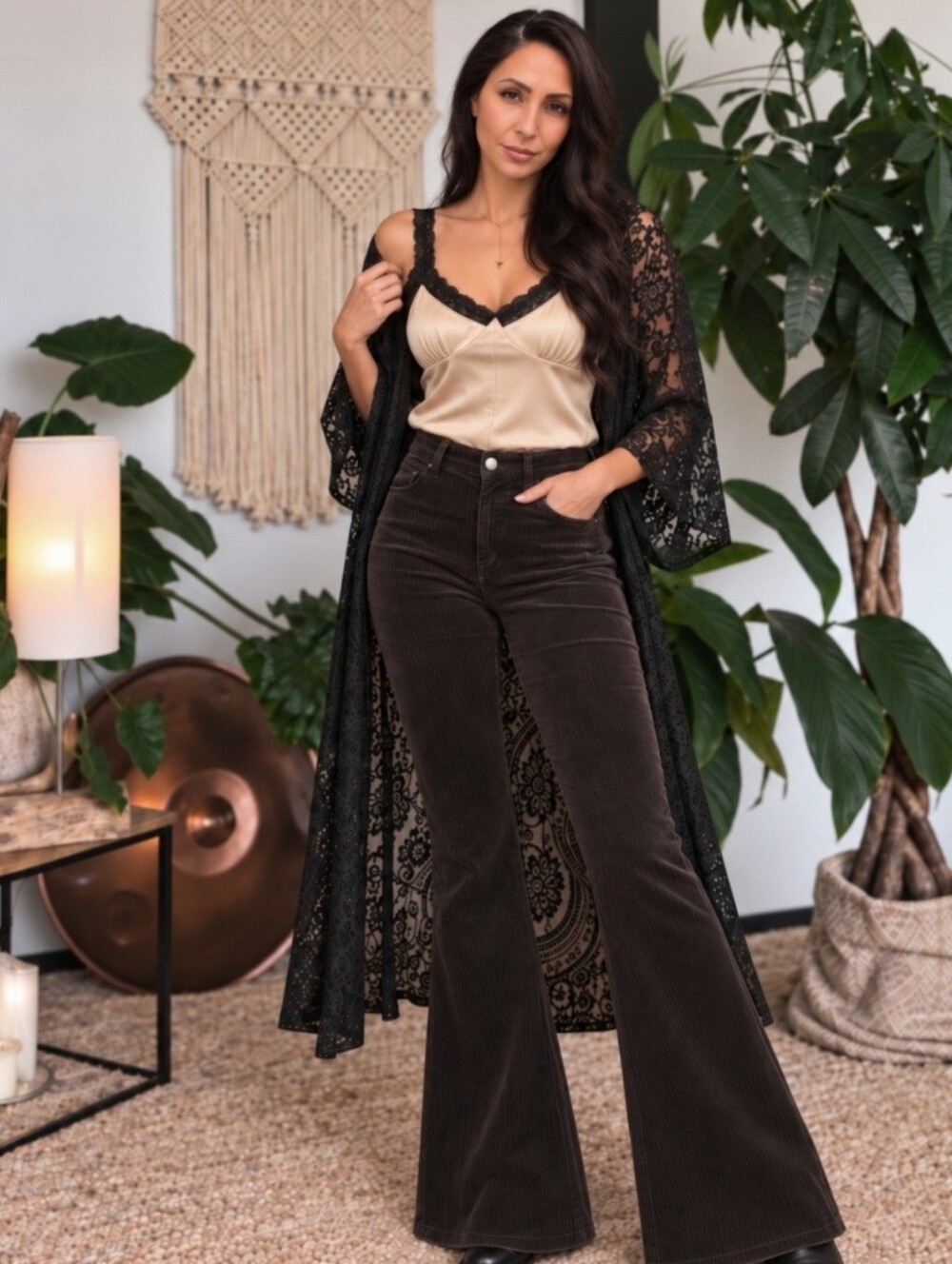 Dark Beige Camisole with Black Lace Trim